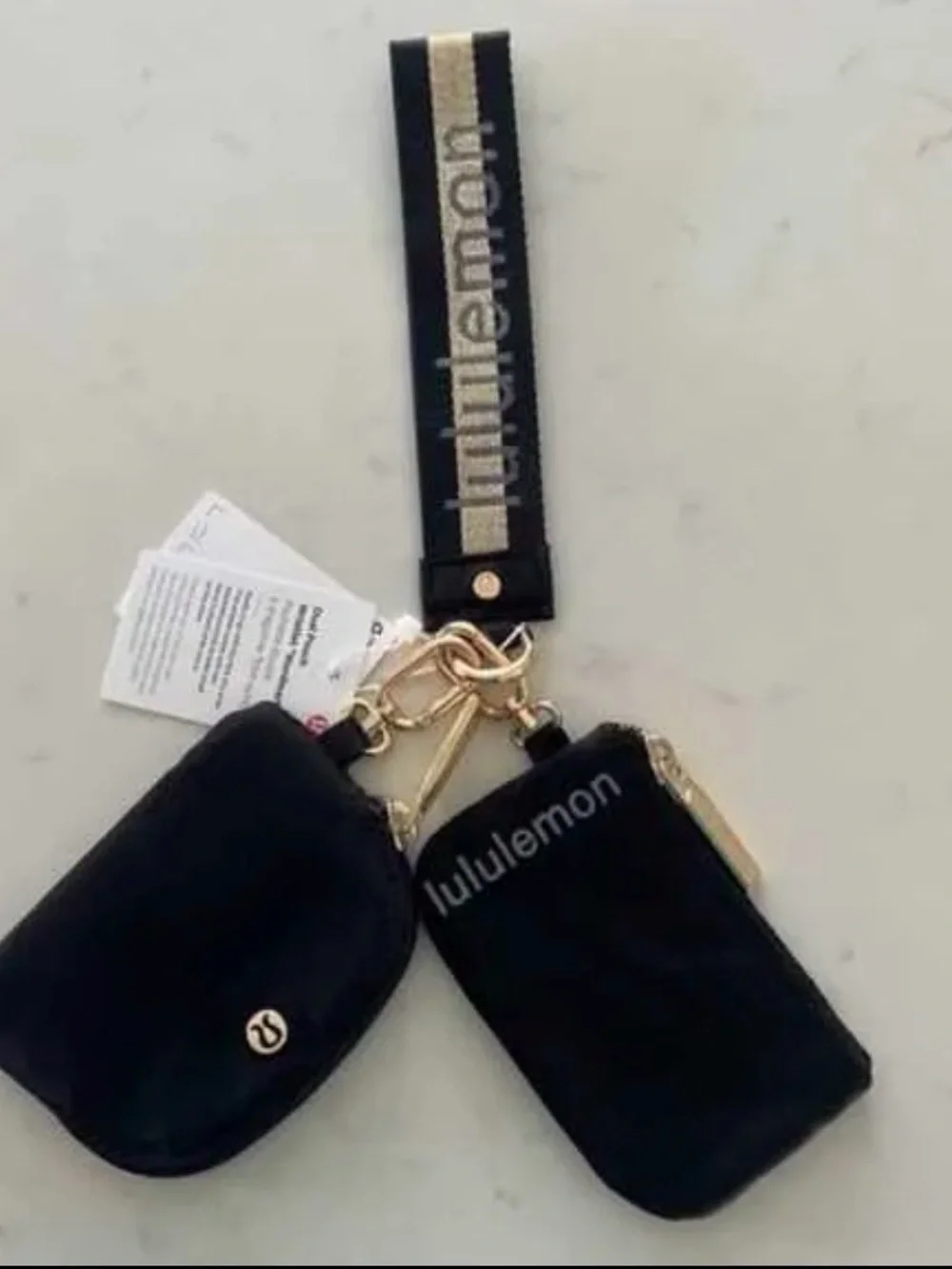 lululemon Black Wristlet Key & Card Holder Duo with Gold Hardware
